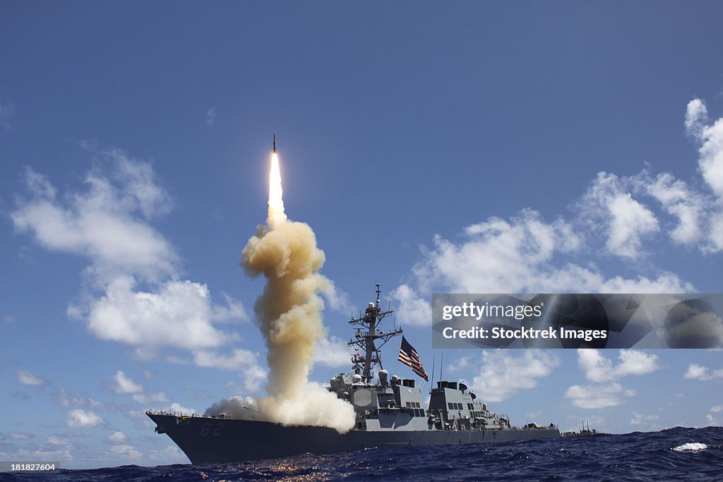 The guided-missile destroyer USS Fitzgerald launches a Standard Missile-3.