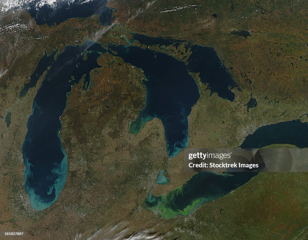 Satellite view of the Great Lakes, USA.