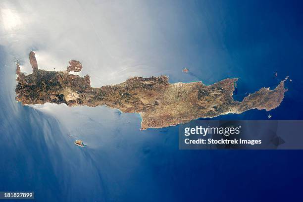 view from space of the island of crete. - gavdos stock pictures, royalty-free photos & images