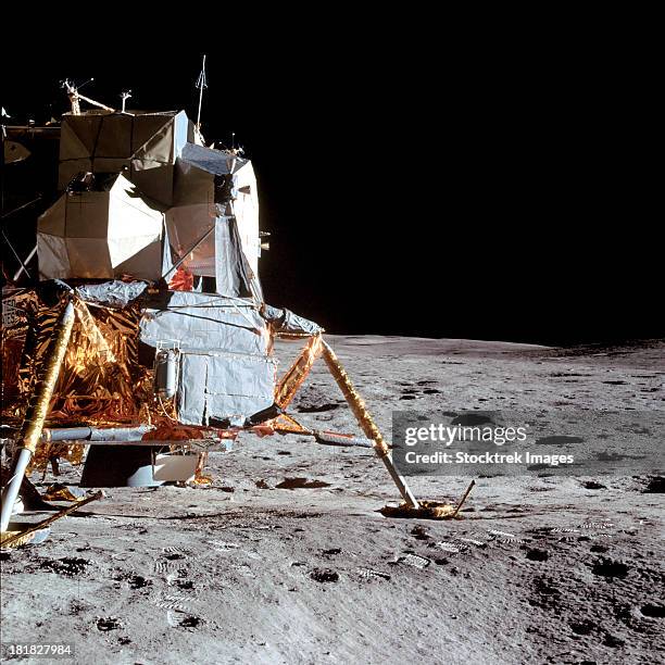 february 5, 1971 - view of the apollo 14 lunar module (lm) on the moon, as photographed during the first apollo 14 extravehicular activity (eva) on the lunar surface.  - apollo space mission stock pictures, royalty-free photos & images