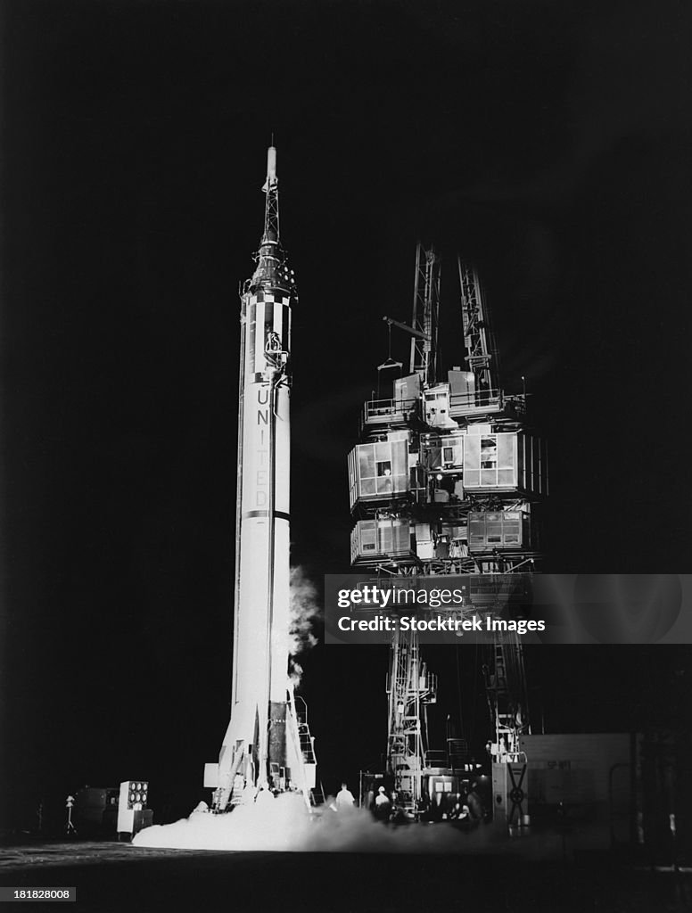 1961 - Mercury-Redstone 3 missile standing alone on launch pad, Cape Canaveral, Florida.