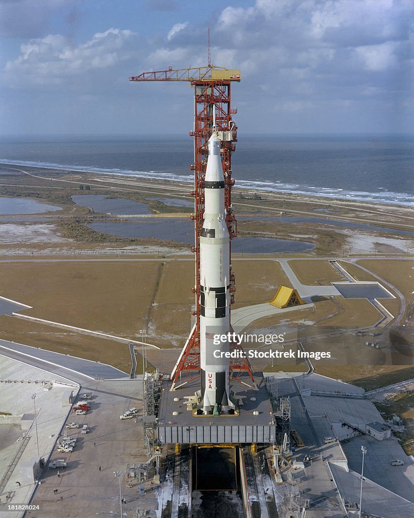 High angle view of the Apollo 4 spacecraft on the launch pad.