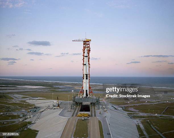 high-angle view of the apollo 8 spacecraft on the launch pad. - apollo space mission stock pictures, royalty-free photos & images