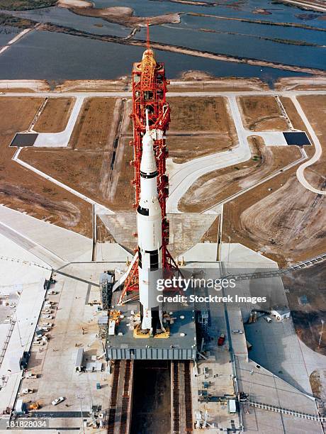 high-angle view of the apollo 10 space vehicle on its launch pad. - pre launch stock pictures, royalty-free photos & images
