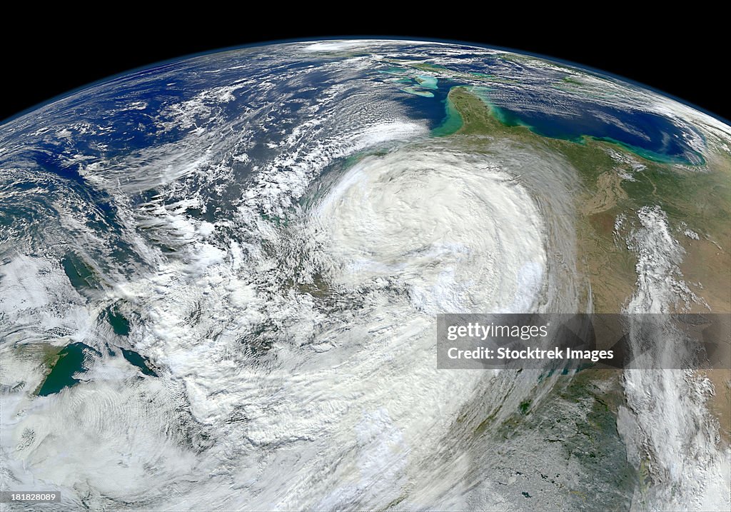 Satellite view of Hurricane Sandy along the East Coast of the United States.