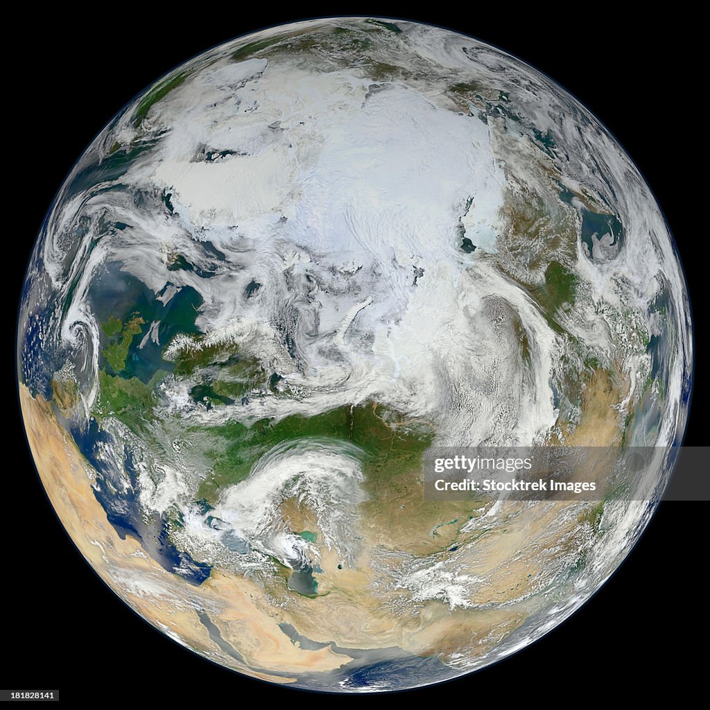 A synthesized view of Earth showing the Arctic, Europe and Asia.