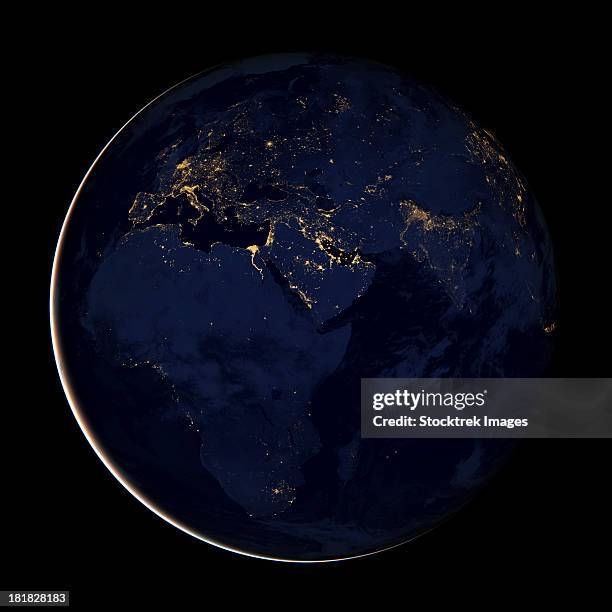 full earth showing city lights of africa, europe, and the middle east. - eastern hemisphere stock pictures, royalty-free photos & images