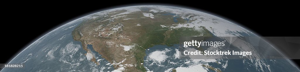 Panoramic view of planet Earth and the United States as seen from space.