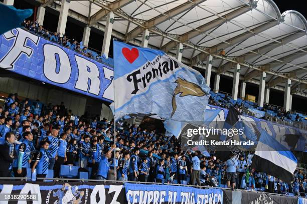 Kawasaki Frontale fans show their support prior to the AFC Champions League Group I match between Kawasaki Frontale and Johor Darul Ta'zim at...