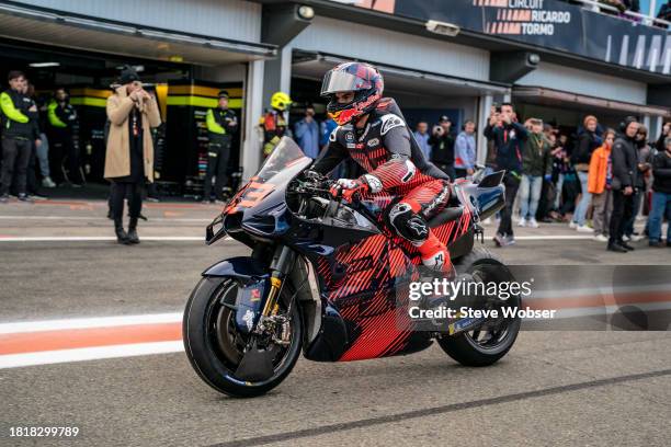 Marc Marquez of Spain and Gresini Racing MotoGP on his first rollout with the Ducati during the MotoGP Test at Ricardo Tormo Circuit on November 28,...