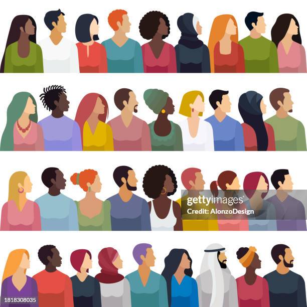 stockillustraties, clipart, cartoons en iconen met multi-ethnic group of people. large group of people profile view. panoramic banners that celebrate multicultural unity. - friendship man woman