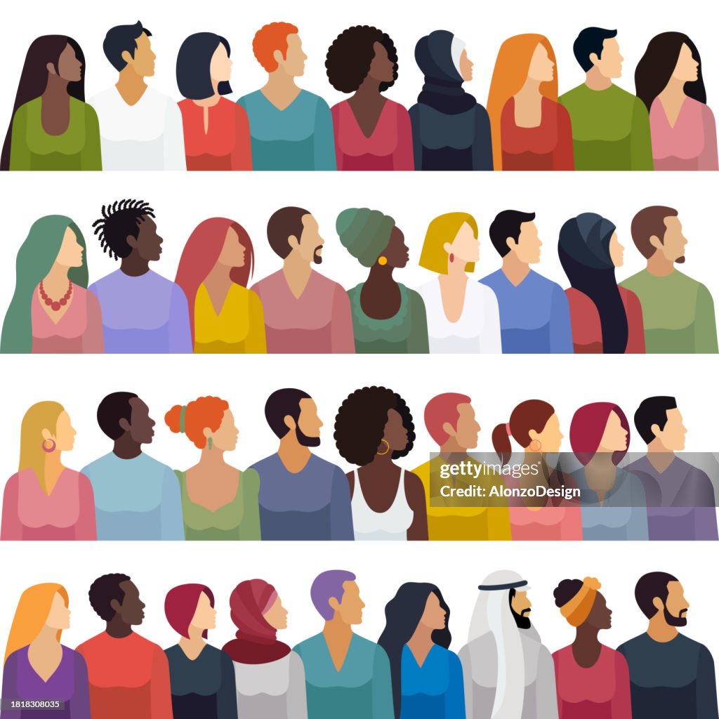 Multi-ethnic group of People. Large Group of People Profile View. Panoramic Banners That celebrate multicultural unity.