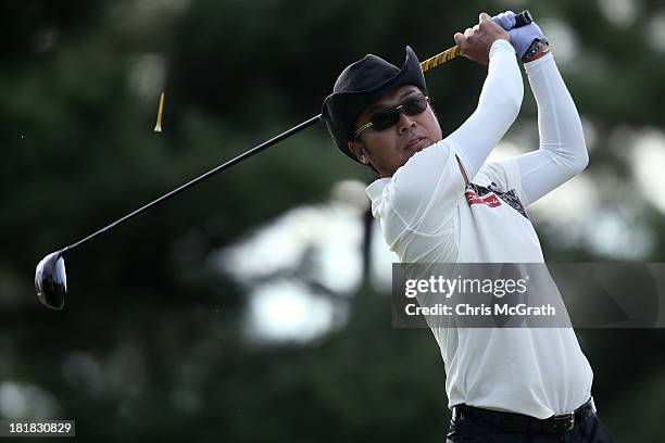 Shingo Katayama of Japan plays off the second tee during day one of the Panasonic Japan Open at Ibaraki Golf Club on September 26, 2013 in Ibaraki,...