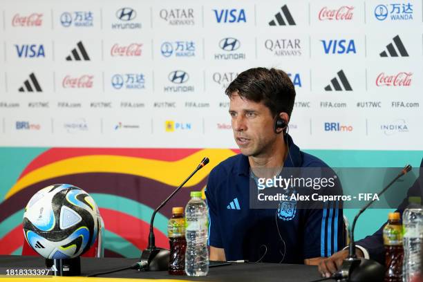 Diego Placente, Head Coach of Argentina speaks in a press conference following the FIFA U-17 World Cup Semi Final match between Argentina and Germany...