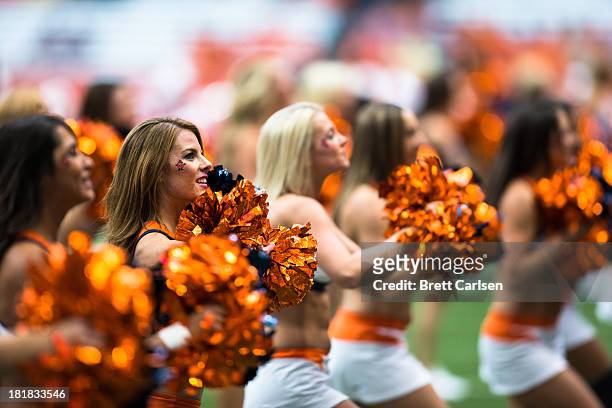Syracuse Orange cheerleaders perform on September 14, 2013 at the Carrier Dome in Syracuse, New York. Syracuse Orange won 54-0.