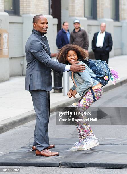 Actress Quvenzhane Wallis and Jamie Foxx are seen on the set of "Annie" on September 25, 2013 in New York City.