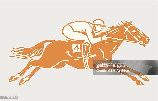 illustrazioni stock, clip art, cartoni animati e icone di tendenza di fantino a cavallo da corsa in azione - jockey