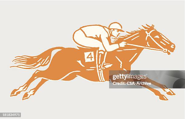 stockillustraties, clipart, cartoons en iconen met jockey on racehorse in action - horse