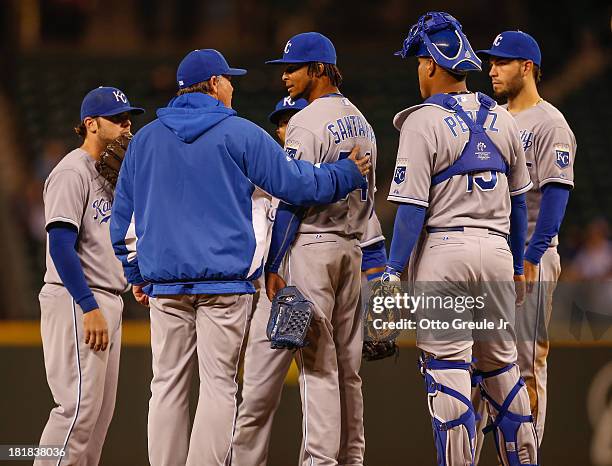 Starting pitcher Ervin Santana of the Kansas City Royals is removed from the game by manager Ned Yost in the seventh inning against the Seattle...