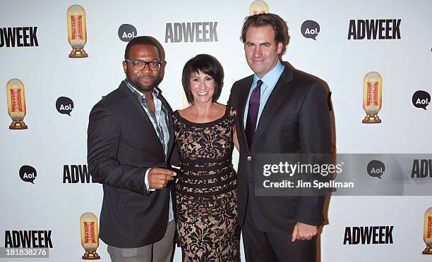 Comedian Baratunde Thurston, ADWEEK Publisher Suzan Gursoy and Adweek executive editor James Cooper attend 2013 ADWEEK Brand Genius Awards at...