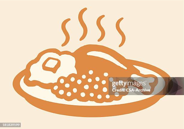 plate of hot food with meat, peas, and mashed potatoes - food orange background stock illustrations