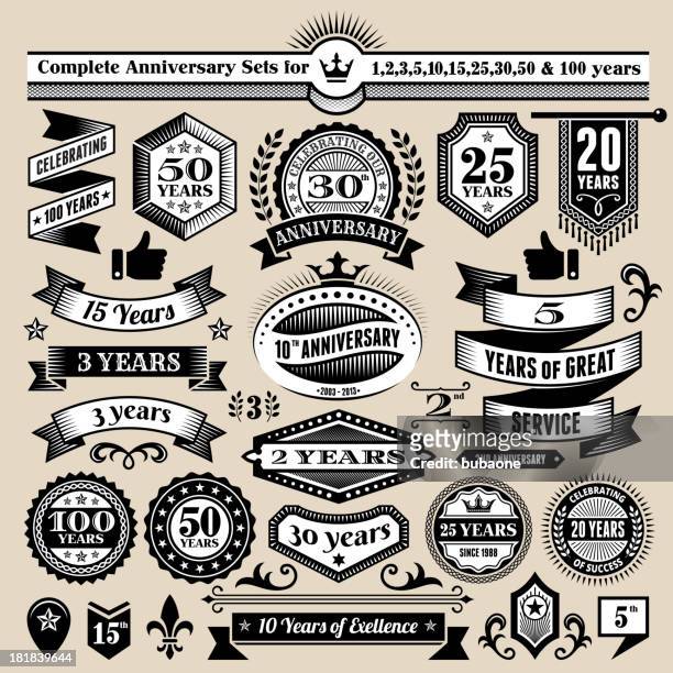 illustrations, cliparts, dessins animés et icônes de anniversaire design noir collection & blanc, insignes, bannières et symboles - 100th anniversary