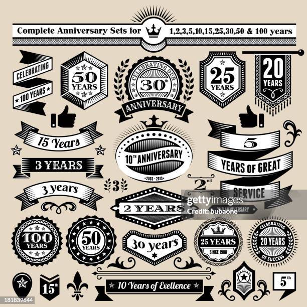 stockillustraties, clipart, cartoons en iconen met anniversary design collection black & white banners, badges, and symbols - 10 jarig jubileum