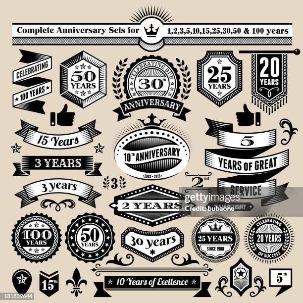 anniversary design collection black & white banners, badges, and symbols - centennial stock illustrations