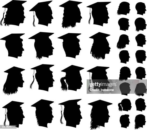 customized profile of faces graduation concept black & white icons - multiple hats stock illustrations