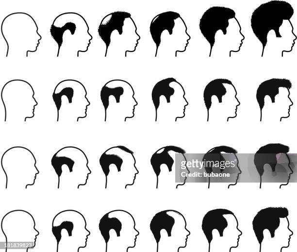 profil von glatzenbildung prozess männer gesichter symbole weiß schwarz & - buzz cut stock-grafiken, -clipart, -cartoons und -symbole