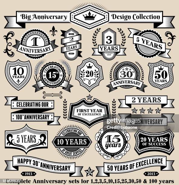 illustrations, cliparts, dessins animés et icônes de anniversaire design noir collection & blanc, insignes, bannières et symboles - 100th anniversary