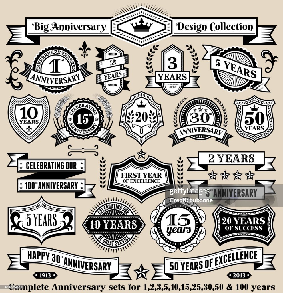 Anniversary Design Collection Black & White Banners, Badges, and Symbols