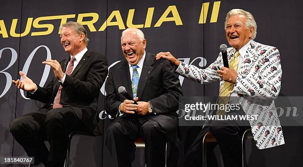 Former Australian prime minister Bob Hawke shares a joke with Australia II skipper John Bertrand and yacht owner Alan Bond at a luncheon to celebrate...