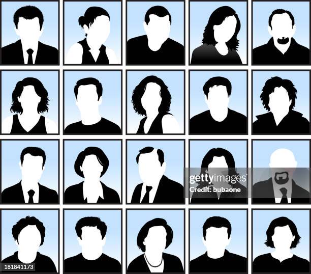 customized faces with hairstyles black & white vector icon set - shaved head stock illustrations