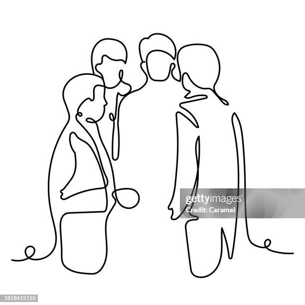 meeting, discussion, brainstorming. four colleagues gathered and discussing with each other. - single line illustration stock illustrations