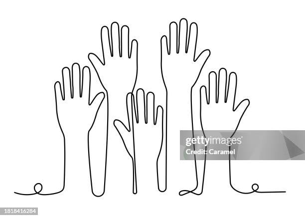 hands raised continuous line icon for volunteer, togetherness topics - single line drawing stock illustrations