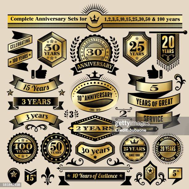 bildbanksillustrationer, clip art samt tecknat material och ikoner med anniversary design collection black & gold banners, badges, and symbols - 10th anniversary