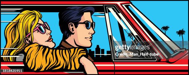 ilustraciones, imágenes clip art, dibujos animados e iconos de stock de pareja en el coche, arte pop - runaway vehicle