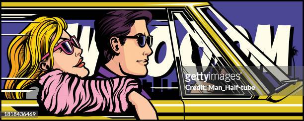 ilustrações de stock, clip art, desenhos animados e ícones de couple in the car, pop art - status car
