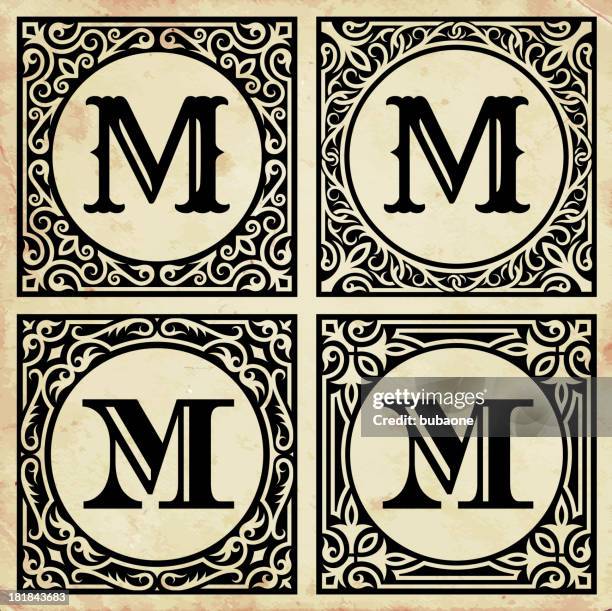 old paper with decorative letter m - letter m stock illustrations