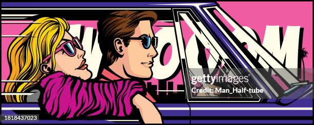 couple in the car, pop art - runaway vehicle stock illustrations