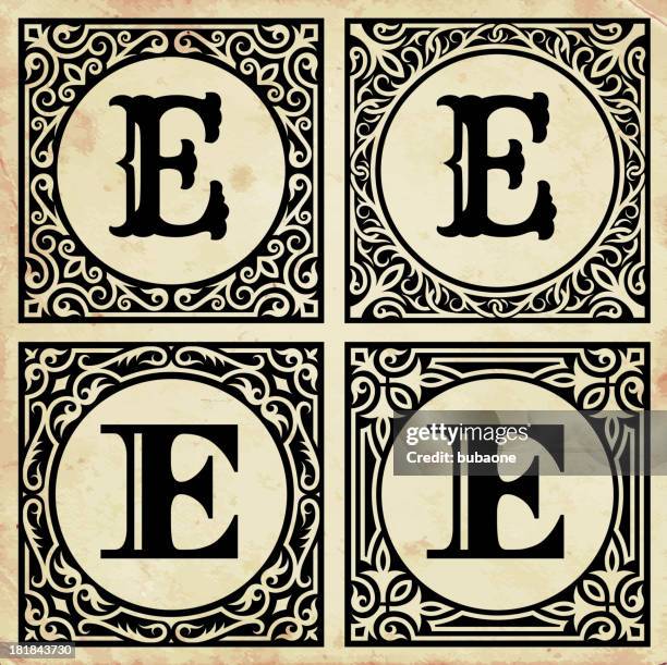 old paper with decorative letter e - letter e stock illustrations