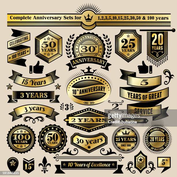 anniversary design collection black & gold banners, badges, and symbols - 100th anniversary stock illustrations