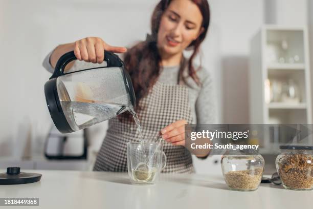 donna ispanica che fa bollire l'acqua nel bollitore - bollente foto e immagini stock