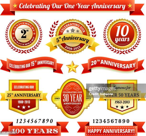anniversary badges red and gold set - 2nd anniversary stock illustrations