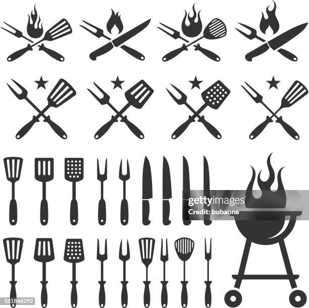bildbanksillustrationer, clip art samt tecknat material och ikoner med summer barbecue grill knife and spatula vector icon set - kökstillbehör