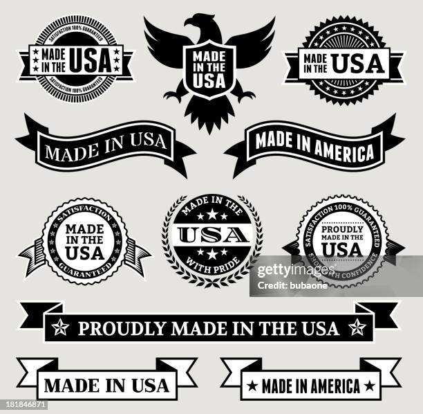 stockillustraties, clipart, cartoons en iconen met made in the usa black & white patriotic buttons set - bald eagle with american flag