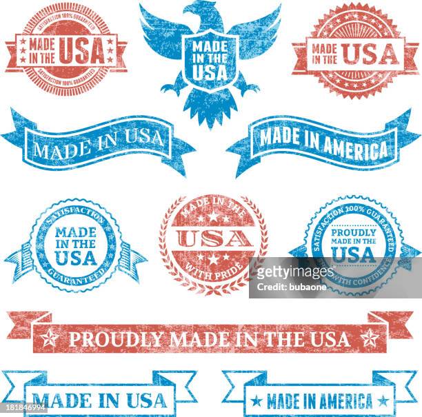 made in the usa grunge patriotic buttons set - american flag eagle stock illustrations