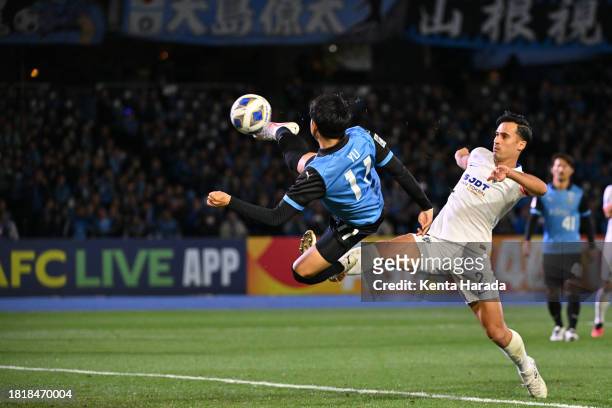 Yu Kobayashi of Kawasaki Frontale scores his side's fourth goal during the AFC Champions League Group I match between Kawasaki Frontale and Johor...