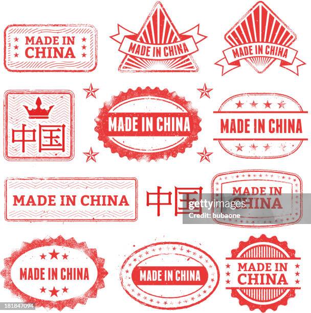 made in the china grunge badge set - made in china tag stock illustrations